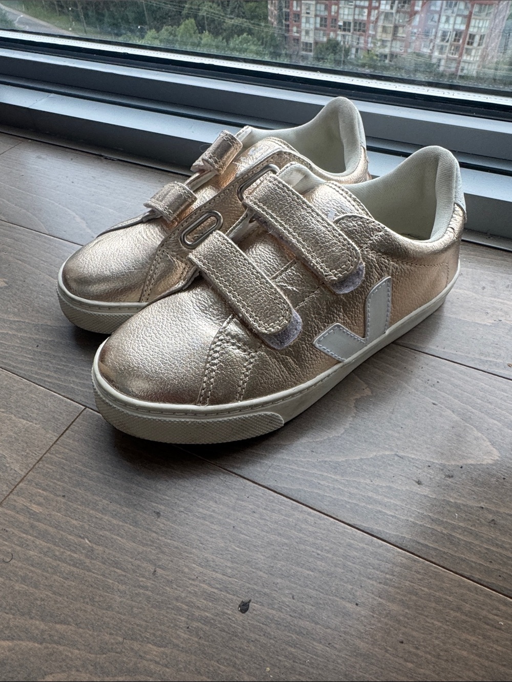 Veja Kids Metallic Rose Gold Velcro Sneakers with White V